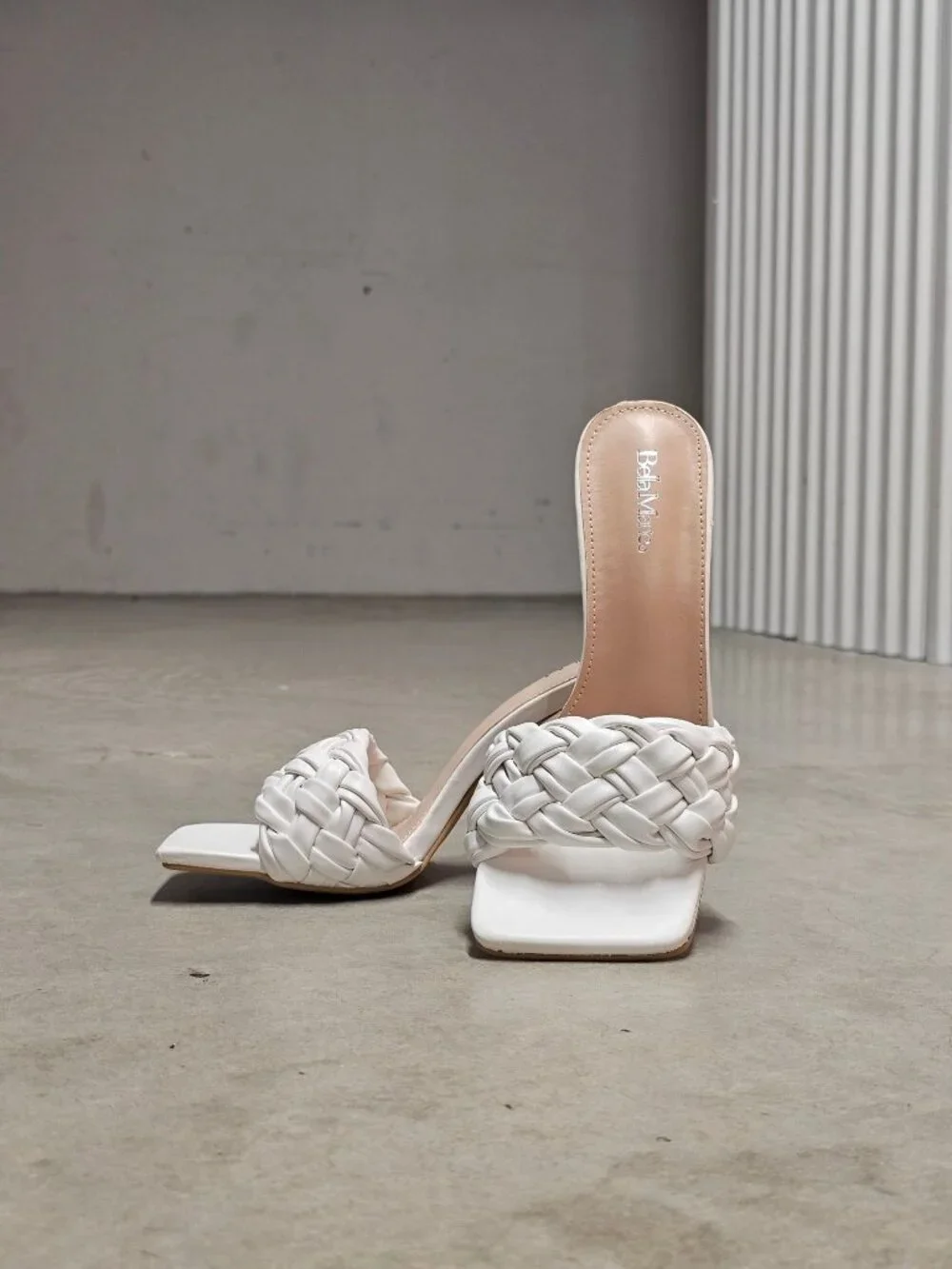 Braided White Heeled Mules With Square-Toe Design & Stiletto Heels